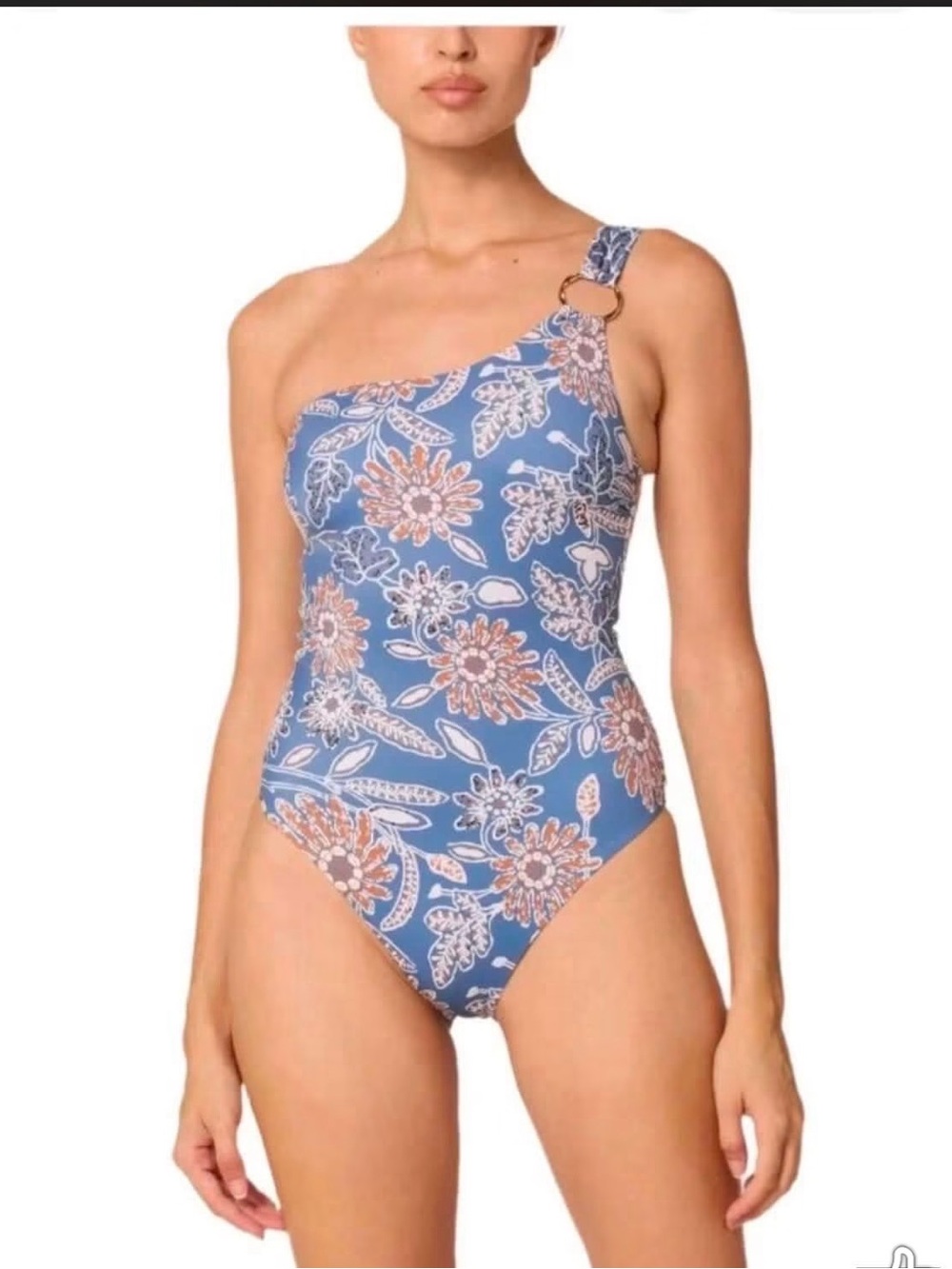 Cleobella Blue Floral One-Shoulder Swimsuit with Ring Accent